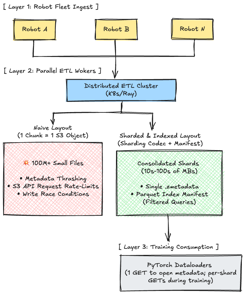 Fleet-scale layout: many robots writing MCAP logs feeding into parallel ETL workers, which write sharded Zarr arrays to cloud object storage, sitting behind an index/manifest layer that training jobs query